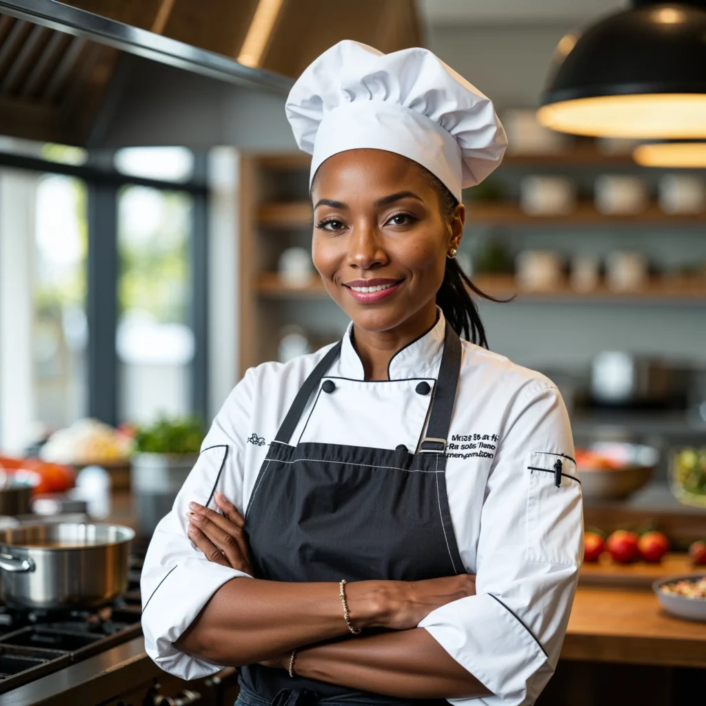 Chef Armas seated at a table with a laptop and fresh ingredients.