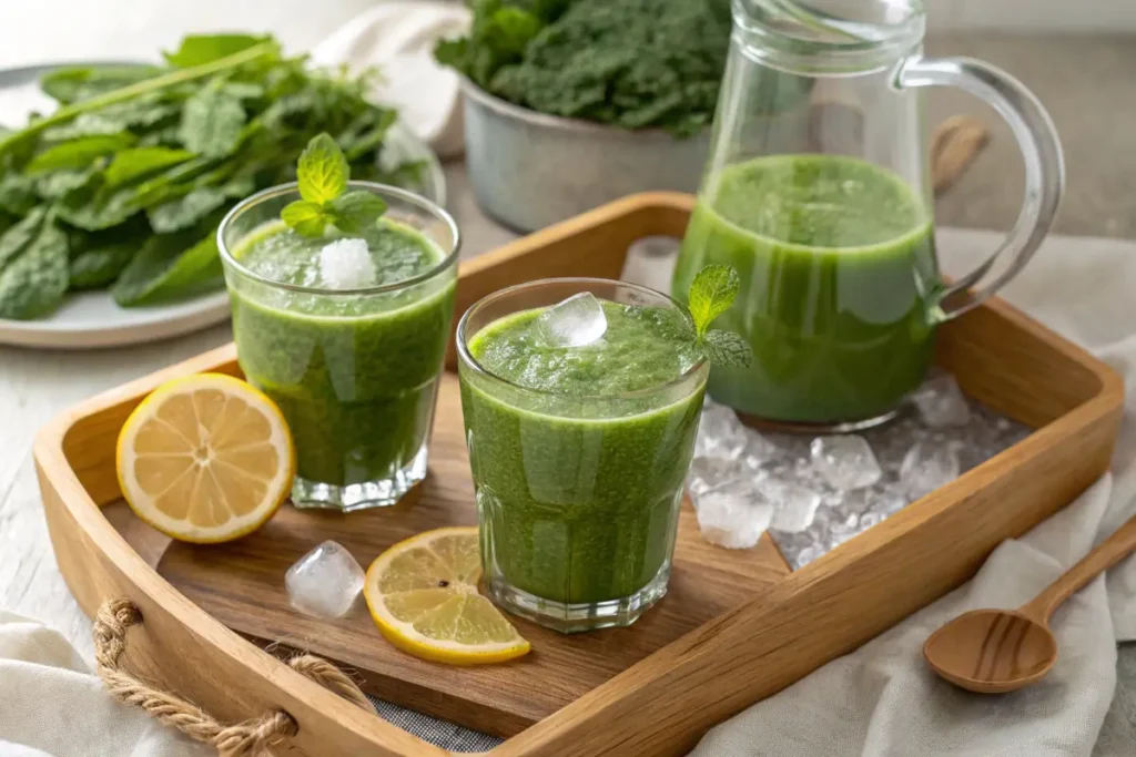 Two glasses of fresh green juice with lemon and mint garnishes.