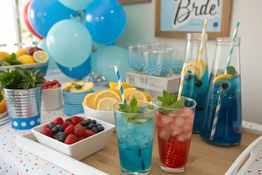 A DIY mocktail bar setup with ingredients for blue mocktails.