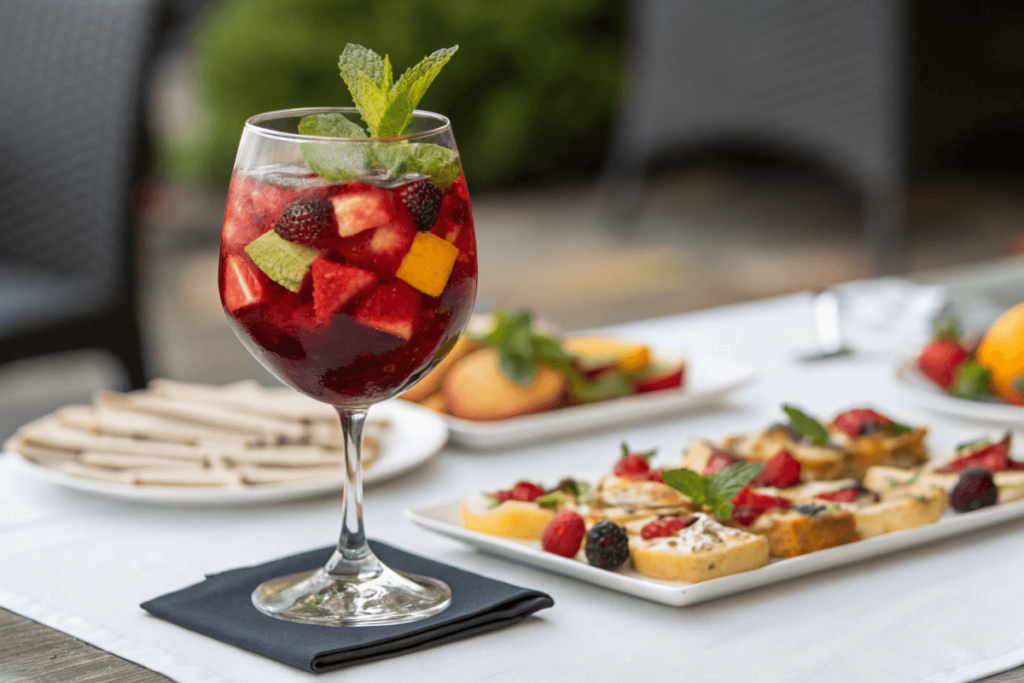 A glass of virgin sangria on a festive party table