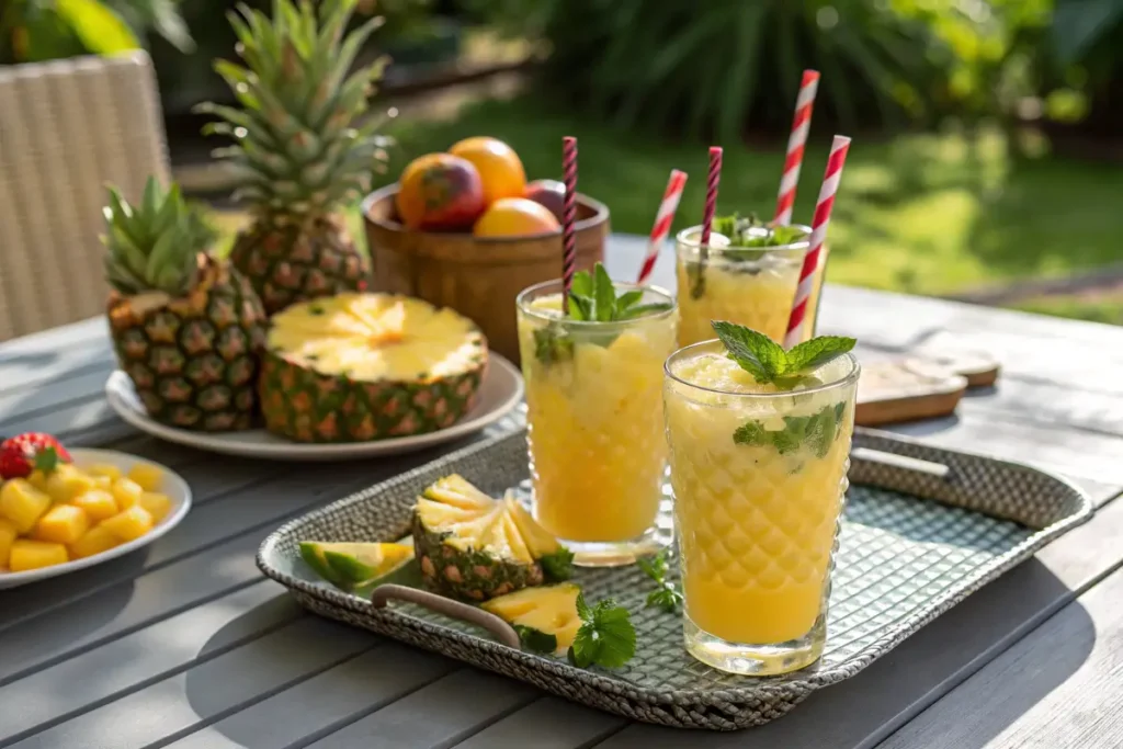 A tray of pineapple mocktails with tropical garnishes on an outdoor table.