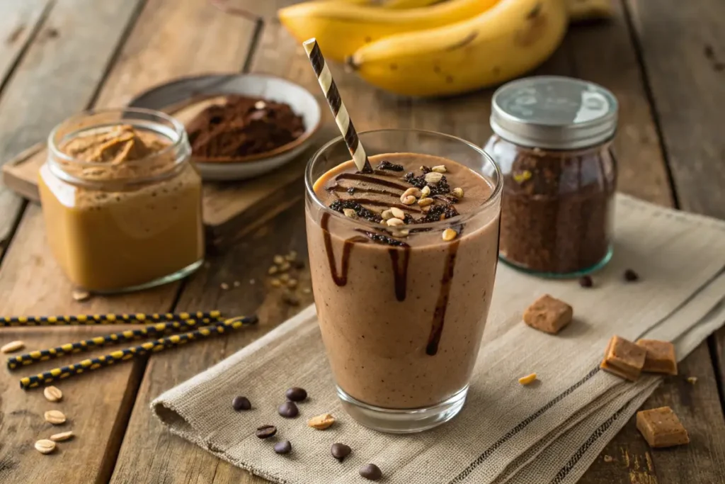 Chocolate peanut butter smoothie in a glass with garnishes.