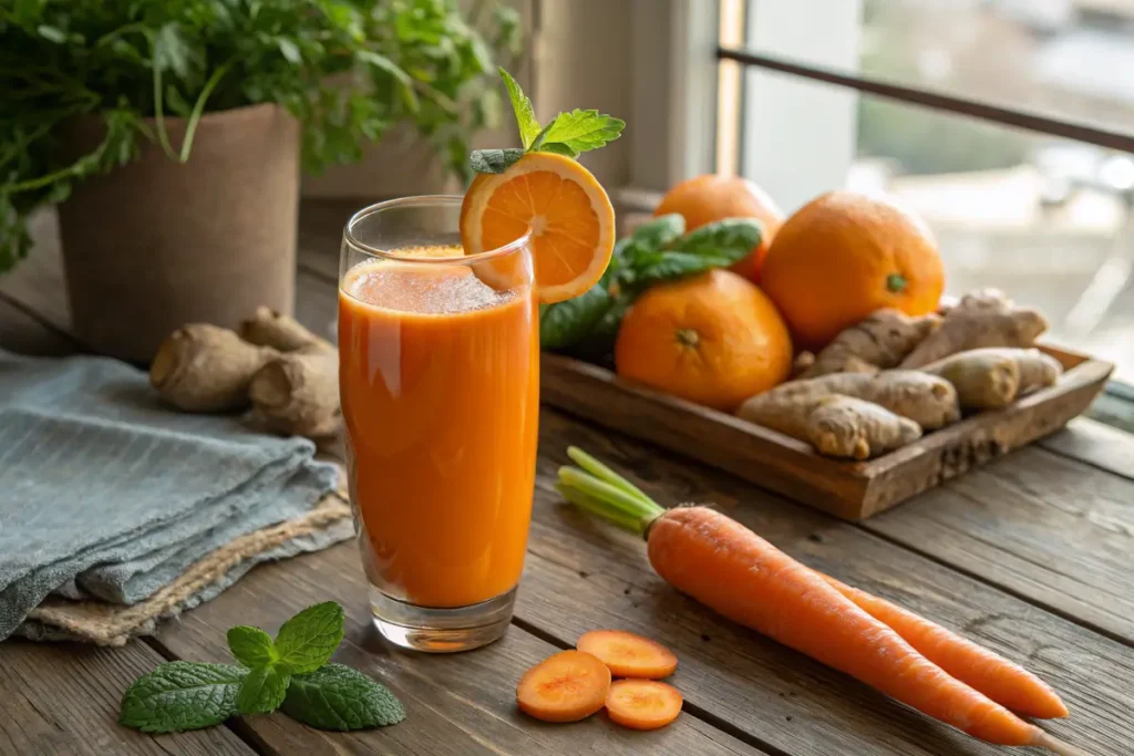 Glass of carrot juice surrounded by fresh carrots and oranges on a wooden table.