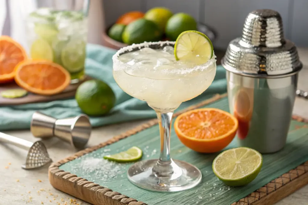 Margarita mocktail with lime garnish and salted rim