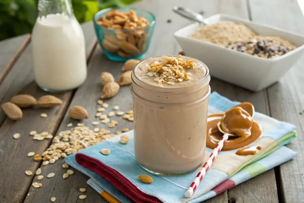 Creamy peanut butter smoothie without banana topped with oats