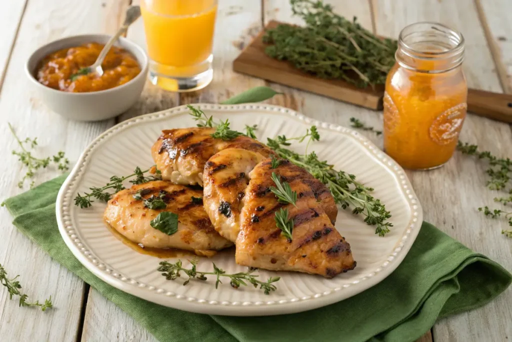 Grilled chicken with orange juice marinade and a glass of fresh orange juice.