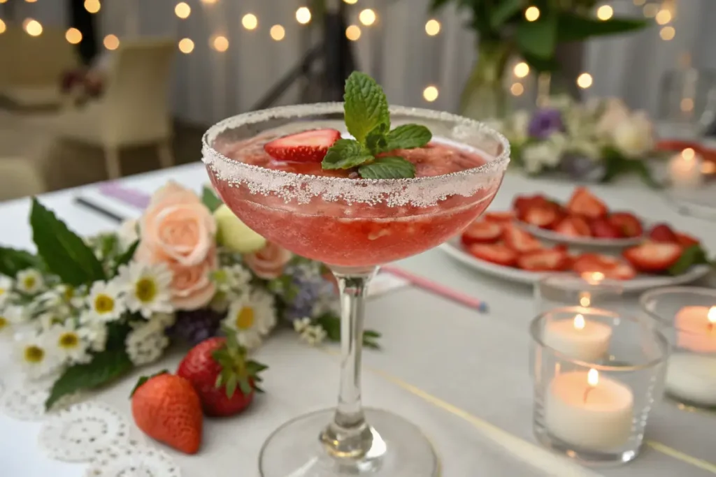 Elegant strawberry mocktail served in a coupe glass with a sugared rim and strawberry garnish.