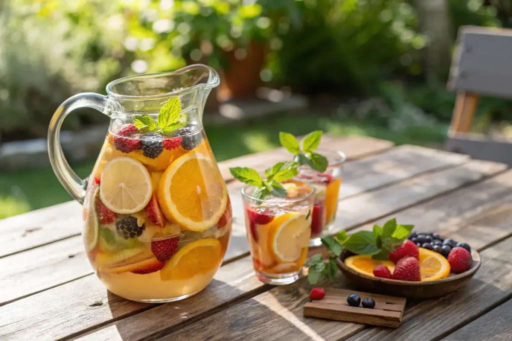 A colorful pitcher of virgin sangria with fresh fruits and mint