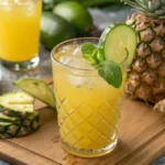 Glass of pineapple cucumber juice garnished with fresh mint, cucumber, and pineapple, served cold on a wooden board with tropical fruit in the background.