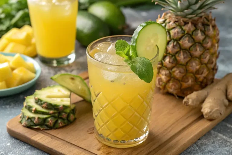 Glass of pineapple cucumber juice garnished with fresh mint, cucumber, and pineapple, served cold on a wooden board with tropical fruit in the background.