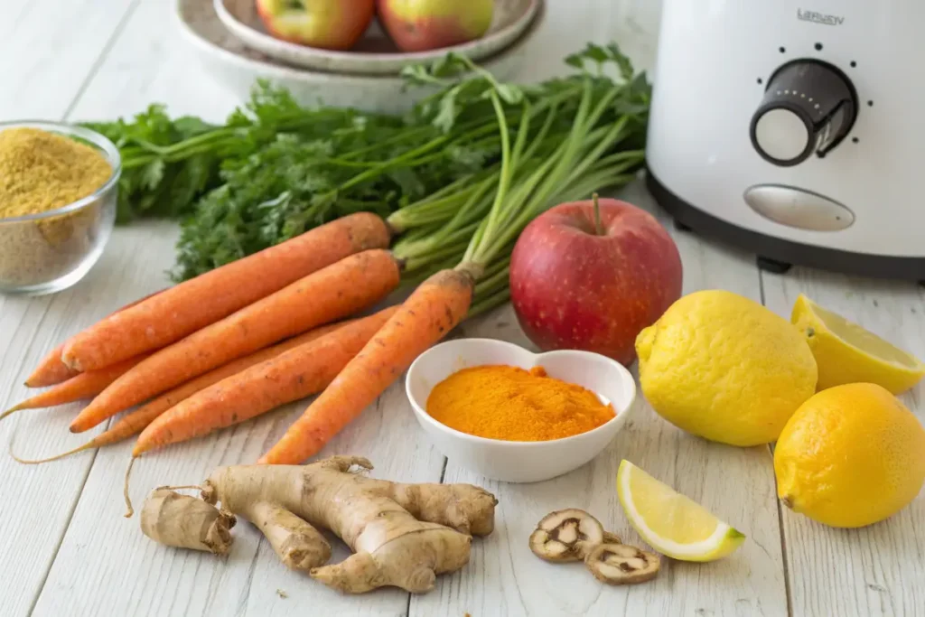 Flat lay of carrot juice ingredients with apples, ginger, and turmeric.