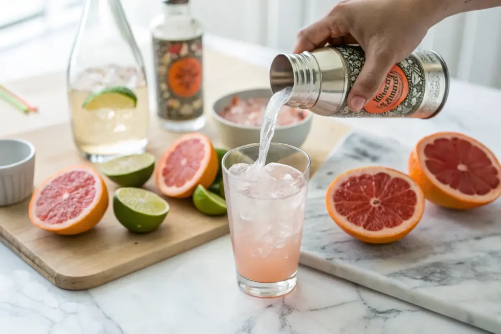 Fresh grapefruit juice preparation for a Paloma Mocktail.