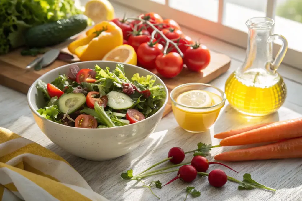 Salad with lemon vinaigrette and fresh vegetables.