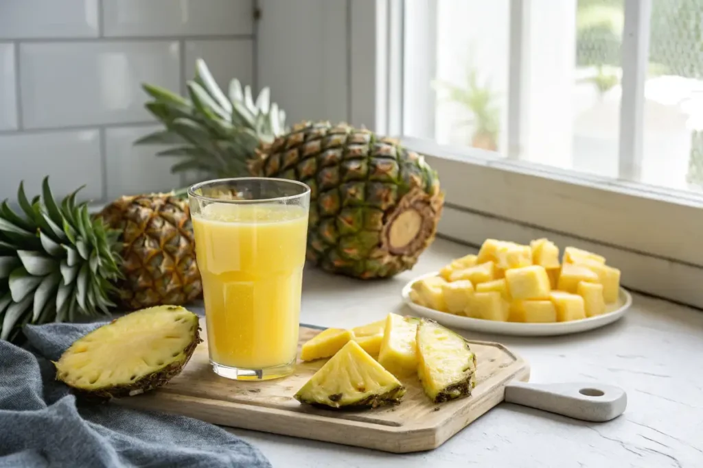 Fresh pineapple chunks being juiced with a glass of juice.