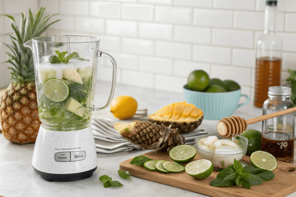 Ingredients for a coconut water mocktail, including coconut water, lime, and mint, on a kitchen counter