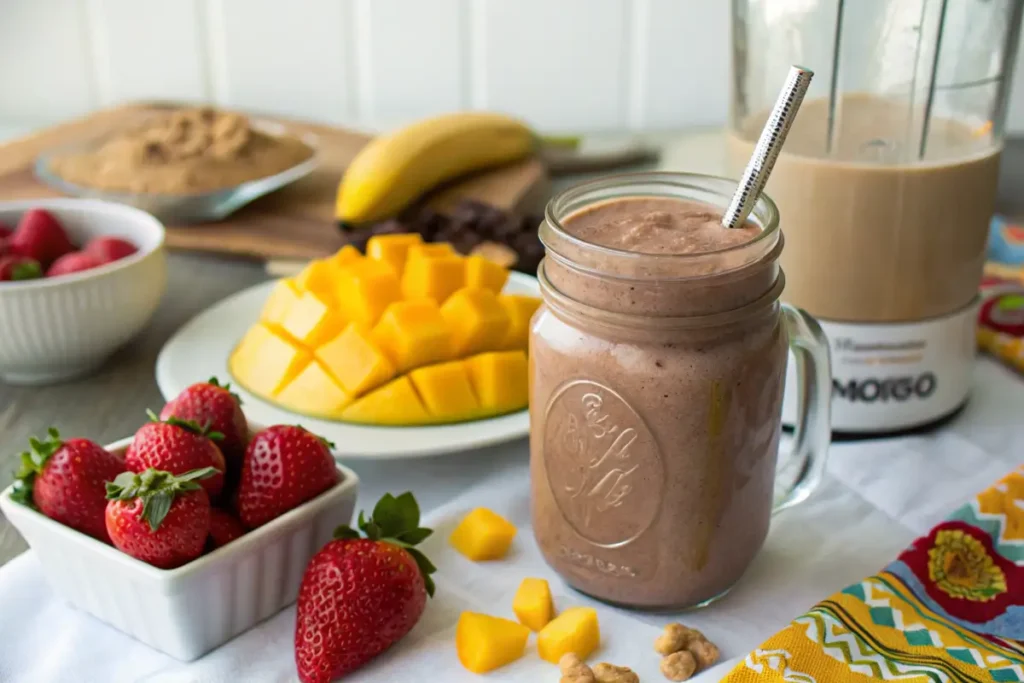 Chocolate peanut butter smoothie thickened with frozen fruits and yogurt.