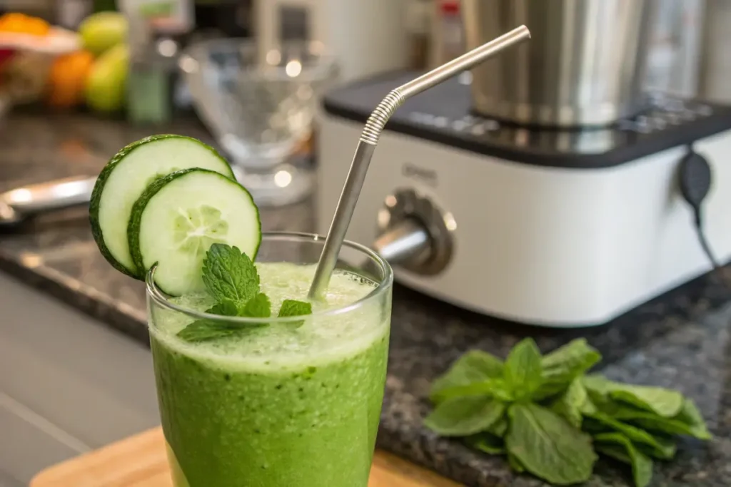 Fresh green juice in a tall glass with cucumber garnish.