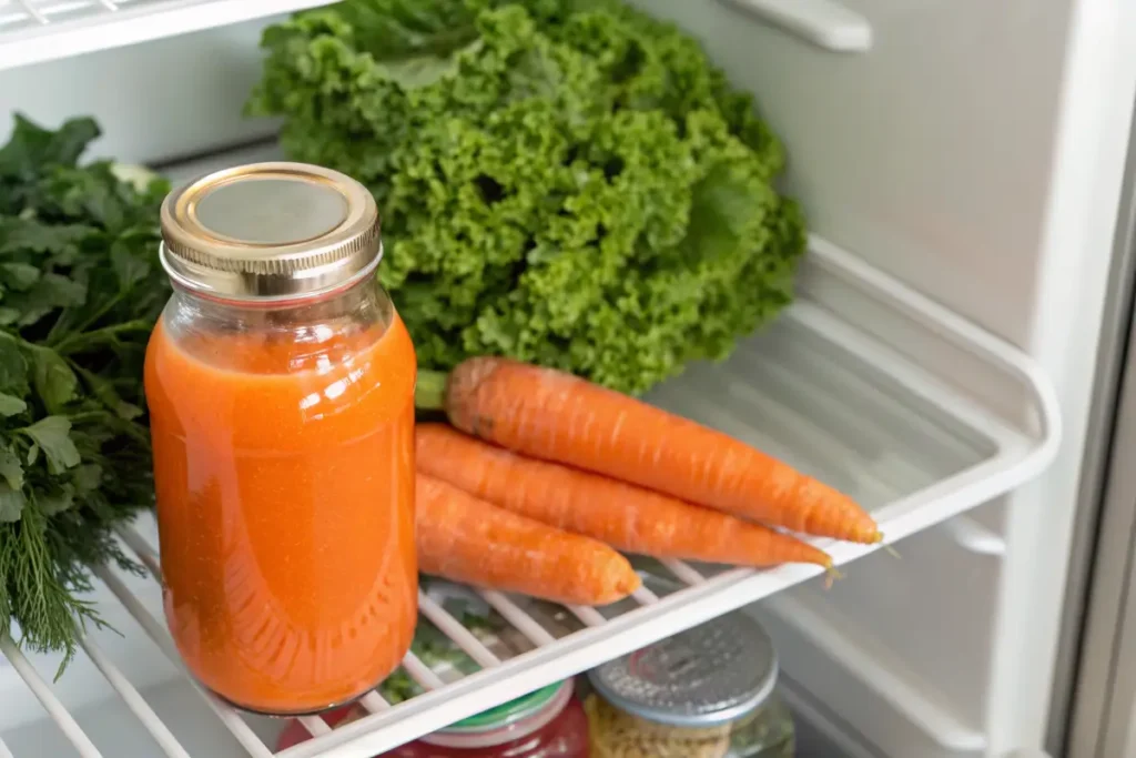 Sealed jar of carrot juice stored in a refrigerator next to fresh produce.