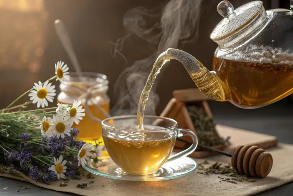 A teapot pours fresh chamomile lavender tea into a cup, highlighting the simple and relaxing brewing process.