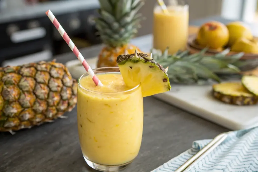 A tropical pineapple smoothie garnished with a pineapple slice.