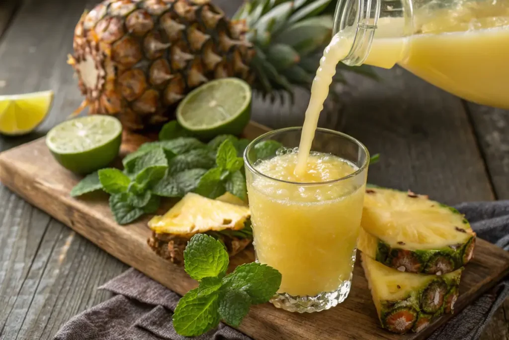 Fresh pineapple juice being poured into a glass with garnishes.