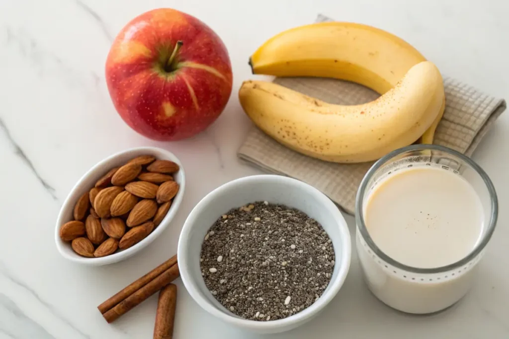 Apple banana smoothie ingredients on a countertop.