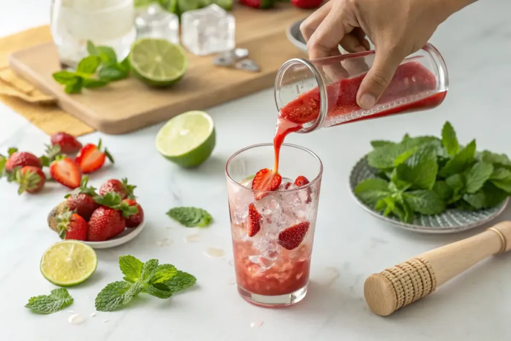 Preparation of a strawberry mocktail with fresh ingredients like strawberries, lime, and mint.