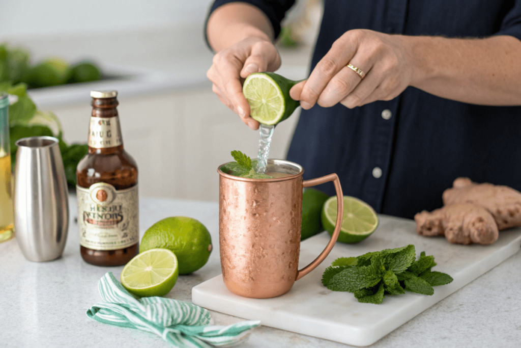 Squeezing lime juice into a copper mug for Virgin Moscow Mule preparation