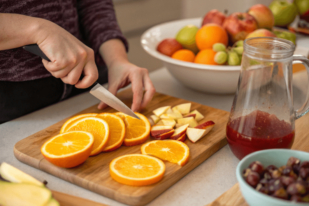 Ingredients for virgin sangria being prepared, including fresh fruits and juice