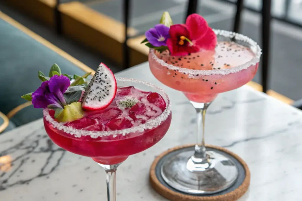 Beautifully styled Virgin Dragon Fruit Mocktails with edible garnishes