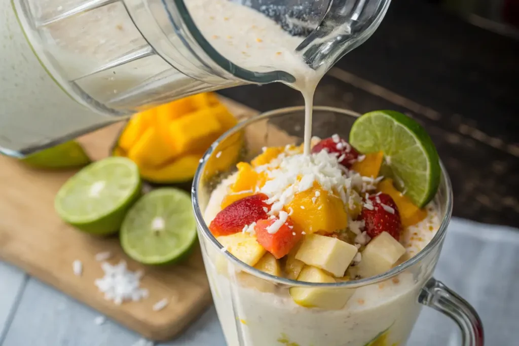 Blender making a tropical smoothie recipe