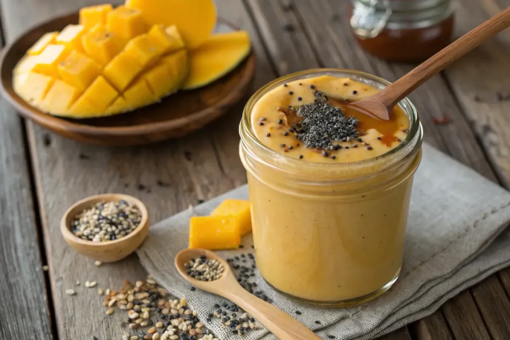 Close-Up of Creamy Mango Smoothie with Chia Seeds and Honey