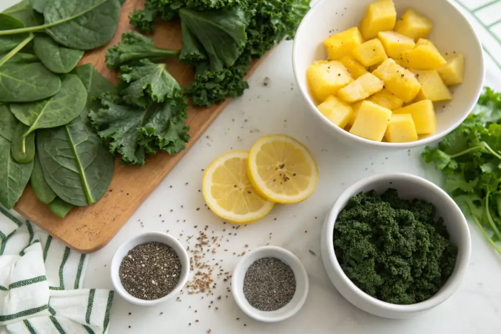 Detox smoothie ingredients spread across a kitchen counter.