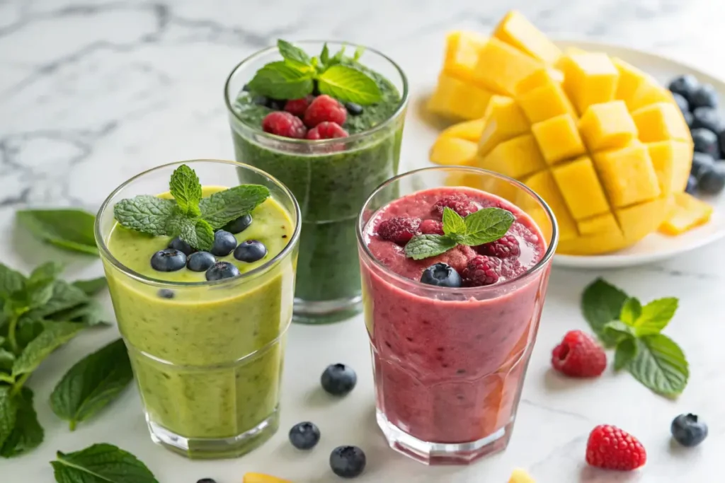 A variety of detox smoothies with vibrant colors.