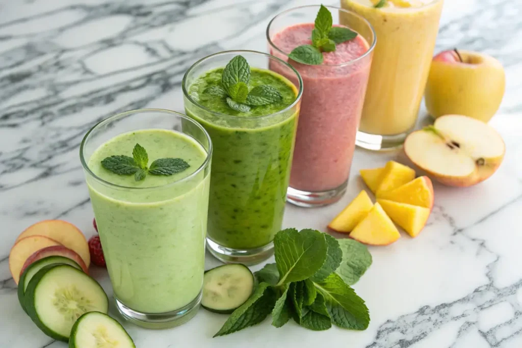 Assorted apple banana smoothies with creative recipes.