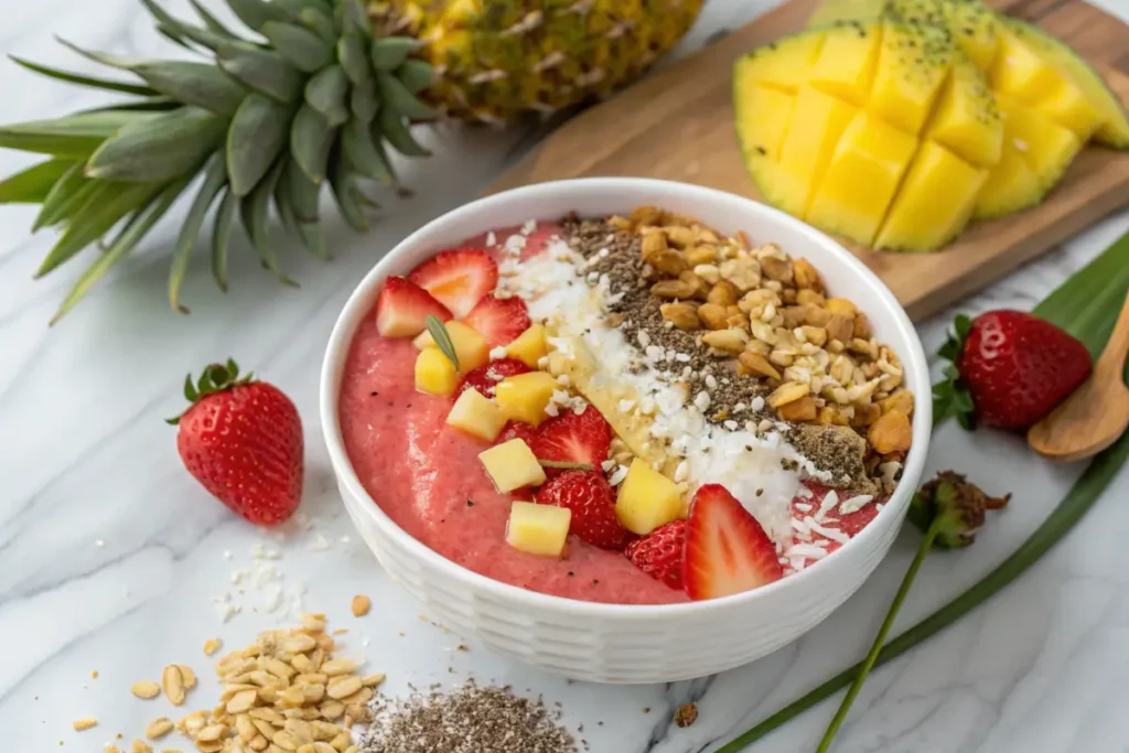 Bahama Mama Tropical Smoothie bowl with toppings.