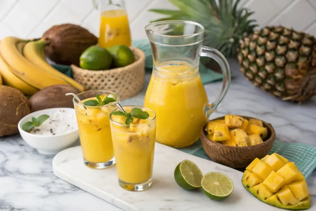 Glasses of mango juice with pineapple and coconut water.