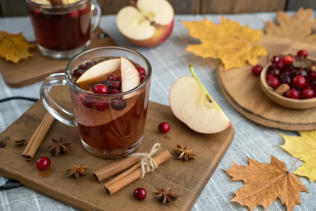 Apple Cranberry Sparkle mocktail in a fall setting