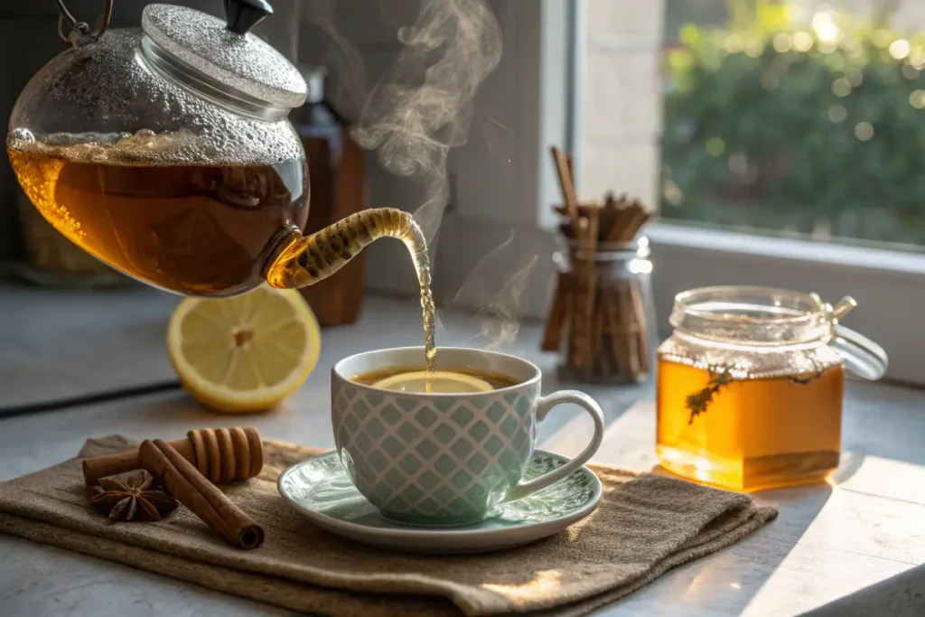 Freshly brewed green tea being poured into a cup with lemon.