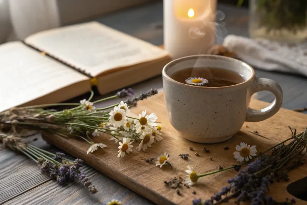 A warm cup of chamomile lavender tea with dried flowers.