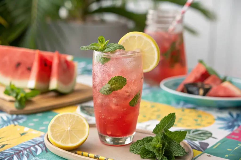 A watermelon juice spritzer mocktail garnished with mint leaves and lemon slices on a tropical-themed table.