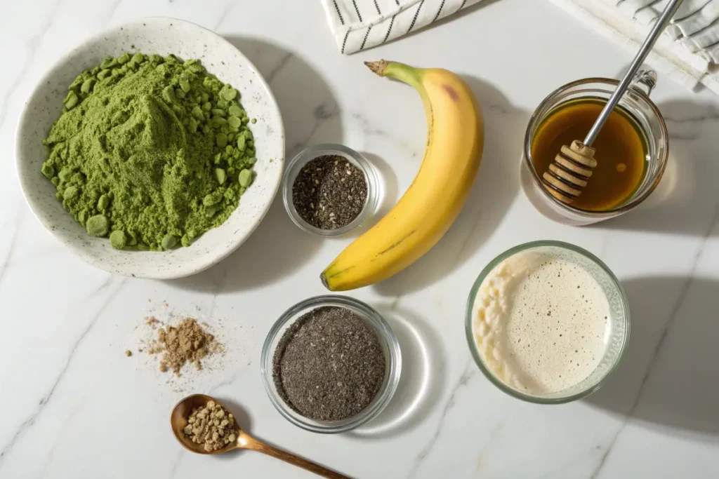 Ingredients for making a matcha green tea smoothie, including matcha powder, banana, oat milk, honey, and chia seeds.