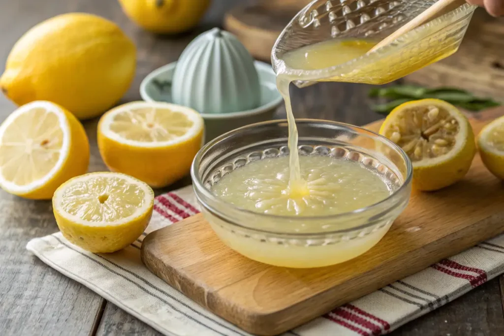 Lemon juice being freshly squeezed into a glass bowl.