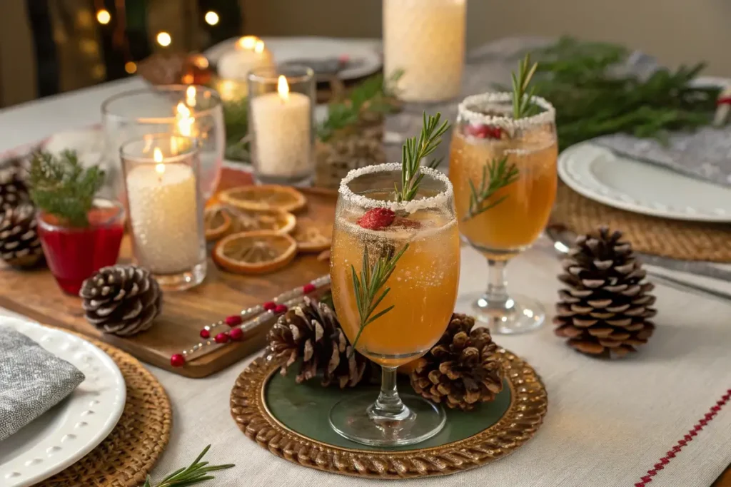 Holiday table with apple cider mocktails and decorations.