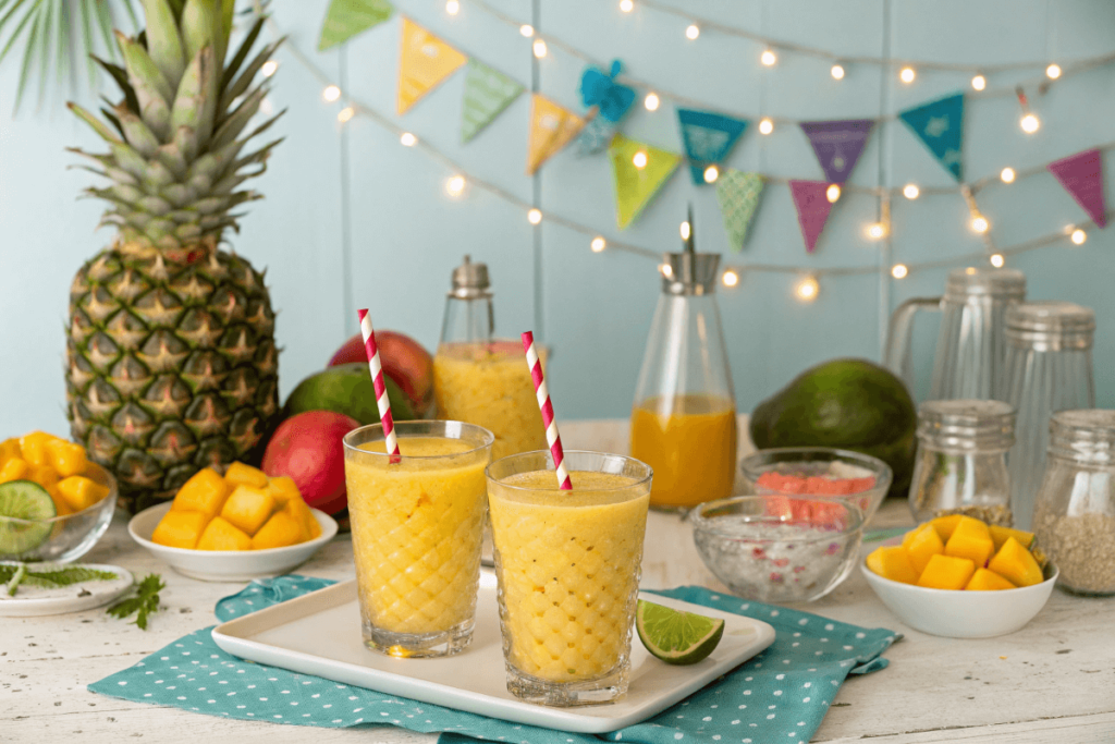 DIY tropical mocktail bar with tropical fruits and garnishes.