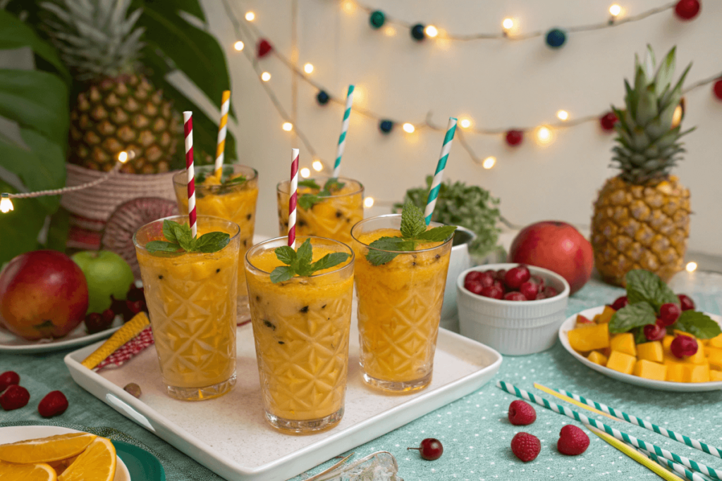 A party table with Mango Mocktails garnished with mint, berries, and citrus slices.