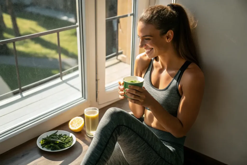 Woman drinking green tea with lemon for weight loss.