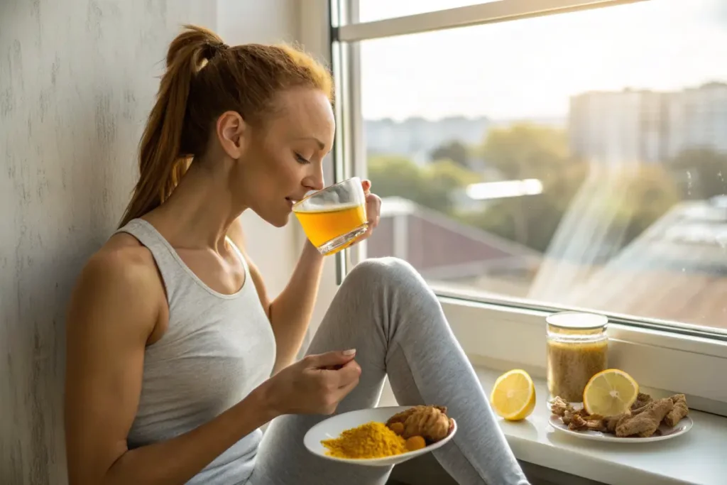 Woman drinking Ginger Turmeric Tea for weight loss benefits.