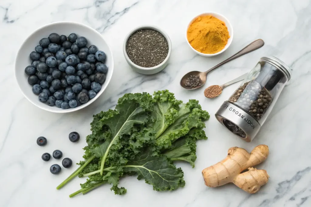 Ingredients for anti-inflammatory smoothies on a marble countertop.
