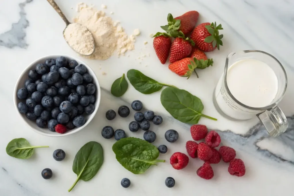 Ingredients for Berry Protein Smoothie on a Marble Counter